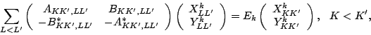\begin{displaymath}
\sum_{L<L^\prime}
\left(
\begin{array}{cc}
A_{KK^\prime,LL^\...
...ime}\\
{Y}^k_{KK^\prime}
\end{array}\right),
\ \ K<K^\prime ,
\end{displaymath}