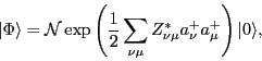 \begin{displaymath}
\vert\Phi\rangle
= {\cal{}N}\exp\left(\frac{1}{2}\sum_{\nu\mu}Z^*_{\nu\mu} a^+_{\nu} a^+_{\mu}
\right)\vert\rangle ,
\end{displaymath}