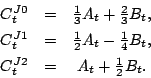 \begin{displaymath}
\begin{array}{rcl}
C_t^{J0 } &=& {\textstyle{\frac{1}{3}}} A...
...2 } &=& ~ A_t + {\textstyle{\frac{1}{2}}} B_t . \\
\end{array}\end{displaymath}