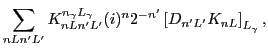 $\displaystyle \sum_{nLn'L'}K_{nLn'L'}^{n_{\gamma}L_{\gamma}}
(i)^{n}2^{-n'}\left[D_{n'L'}K_{nL}\right]_{L_{\gamma}},$