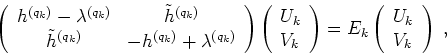 \begin{displaymath}
\left(
\begin{array}{cc}
h^{(q_k)}-\lambda^{(q_k)} & \tilde{...
...\left(
\begin{array}{l}
U_{k} \\
V_{k}
\end{array}\right) \;,
\end{displaymath}