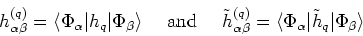 \begin{displaymath}
h^{(q)}_{\alpha\beta}=\langle\Phi_\alpha\vert h_q\vert\Phi_\...
...beta}=\langle\Phi_\alpha\vert\tilde{h}_q\vert\Phi_\beta\rangle
\end{displaymath}