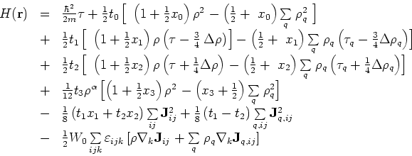 \begin{displaymath}
\begin{array}{rll}
H({\bf r}) & = & {\textstyle{\frac{\hbar^...
...left.
\rho_{q}{\bf\nabla }_{k}{\bf J}_{q,ij}\right]
\end{array}\end{displaymath}