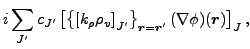 $\displaystyle i\sum_{J'}c_{J'}\left[\left\{\left[{k}_{\rho}\rho_{v}\right]_{J'}\right\}_{\vec {r}=\vec {r}'}(\nabla\phi)(\vec {r})\right]_{J} ,$