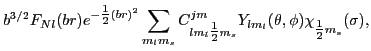 $\displaystyle b^{3/2} F_{Nl}(br)e^{-{\textstyle{\frac{1}{2}}}(br)^2}
\sum_{m_lm...
...c{1}{2}}}m_s}Y_{lm_l}(\theta,\phi)\chi_{{\textstyle{\frac{1}{2}}}m_s}(\sigma) ,$