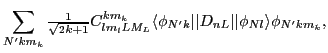 $\displaystyle \sum_{N'km_k} {\textstyle{\frac{1}{\sqrt{2k+1}}}}C^{km_k}_{lm_lLM_L}
\langle\phi_{N'k}\vert\vert D_{nL}\vert\vert\phi_{Nl}\rangle
\phi_{N'km_k},$