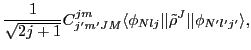 $\displaystyle \frac{1}{\sqrt{2j+1}} C^{jm}_{j'm'JM} \langle\phi_{Nlj}\vert\vert\tilde{\rho}^{J}\vert\vert\phi_{N'l'j'}\rangle ,$