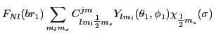 $\displaystyle F_{Nl}(br_1)
\sum_{m_lm_s}C^{jm}_{lm_l{\textstyle{\frac{1}{2}}}m_s}Y_{lm_l}(\theta_1,\phi_1)\chi_{{\textstyle{\frac{1}{2}}}m_s}(\sigma)$