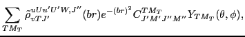 $\displaystyle \sum_{TM_T} \tilde{\rho}^{uUu'U'W,J''}_{vTJ'}(br) e^{-(br)^2}
C^{TM_T}_{J'M'J''M''} Y_{TM_T}(\theta,\phi) ,$