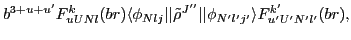 $\displaystyle b^{3+u+u'}F^{k}_{uUNl}(br)
\langle\phi_{Nl j}\vert\vert\tilde{\rho}^{J''}\vert\vert\phi_{N'l'j'}\rangle
F^{k'}_{u'U'N'l'}(br) ,$