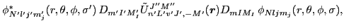 $\displaystyle \phi^*_{N'l'j'm'_j}(r,\theta,\phi,\sigma')\,
D_{m'I'M'_I}\tilde{U...
...'M''}_{n'L'v'J',-M'}(\vec{r})D_{mIM_I}\,
\phi_{Nljm_j}(r,\theta,\phi,\sigma) ,$