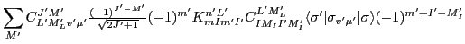 $\displaystyle \sum_{M'}C^{J'M'}_{L'M'_Lv'\mu'}
{\textstyle{\frac{(-1)^{J'-M'}}{...
...II'M'_I} \langle\sigma'\vert\sigma_{v'\mu'}\vert\sigma\rangle
(-1)^{m'+I'-M'_I}$