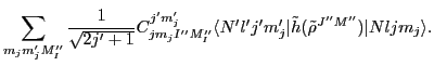 $\displaystyle \sum_{m_jm'_jM''_I}\frac{1}{\sqrt{2j'+1}}
C^{j'm'_j}_{jm_jI''M''_I}
\langle N'l'j'm'_j\vert\tilde{h}(\tilde{\rho}^{J''M''})\vert Nljm_j\rangle .$