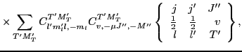 $\displaystyle \times \sum_{T'M'_T}
C^{T'M'_T}_{l'm'_ll,-m_l}
C^{T'M'_T}_{v,-\mu...
...1}{2}}} & {\textstyle{\frac{1}{2}}} & v \\
l & l' & T' \end{array}\right\} ,$