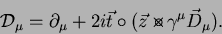 \begin{displaymath}
{\cal D}_\mu = \partial_\mu
+ 2i \vec{t}\circ (\vec{z}\mbox{$\,\times\hspace{-1.48ex}\circ\,$}\gamma^\mu\vec{D}_\mu) .
\end{displaymath}