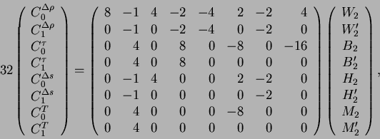 \begin{displaymath}
32\left(\begin{array}{l}C_0^{\Delta\rho}\\
C_1^{\Delta\rh...
...'_2 \\
H_2 \\
H'_2 \\
M_2 \\
M'_2 \end{array}\right) ,
\end{displaymath}