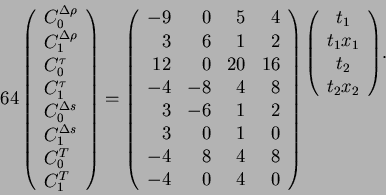 \begin{displaymath}
64\left(\begin{array}{l}C_0^{\Delta\rho}\\
C_1^{\Delta\rh...
...{c} t_1 \\
t_1x_1 \\
t_2 \\
t_2x_2 \end{array}\right)$.}
\end{displaymath}