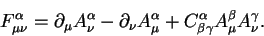 \begin{displaymath}
F^\alpha_{\mu\nu} = \partial_\mu A^\alpha_\nu
- \partial_\...
...^\alpha_\mu
+ C^\alpha_{\beta\gamma}A^\beta_\mu A^\gamma_\nu.
\end{displaymath}