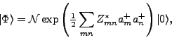 \begin{displaymath}
\vert\Phi\rangle={\cal{}N}\exp\left(
{\textstyle{\frac{1}{2}}}\sum_{mn} Z^*_{mn} a^+_m a^+_n\right)\vert\rangle ,
\end{displaymath}