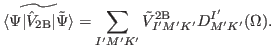 $\displaystyle \widetilde{ \langle \Psi \vert\hat V_{\rm {2B}} \vert \tilde{\Psi}\rangle } = \sum_{I'M'K'} \tilde{V}_{I'M'K'}^{\rm {2B}} D^{I'}_{M' K'} (\Omega ).$