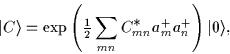 \begin{displaymath}
\vert C\rangle =
\exp\left({\textstyle{\frac{1}{2}}}\sum_{mn}C^{\displaystyle\ast}_{mn}a^+_m a^+_n\right)\vert\rangle,
\end{displaymath}