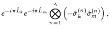 $\displaystyle e^{-i\pi\hat{L}_k}e^{-i\pi\hat{L}_m}\bigotimes_{n=1}^A
\left(-\hat{\sigma}_k^{(n)}\hat{\sigma}_m^{(n)}\right) ,$