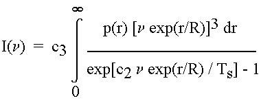 I(nu)=c_3 Integ 0..oo ((p(r)[nu exp(r/R)]^3)/(exp[c_2 nu exp(r/R)/T_s]-1))dr